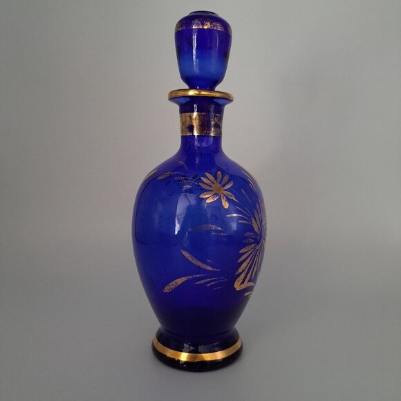 Vintage Cobalt Blue & Gold Glass Decanter With Floral Design - Picture 8 of 16